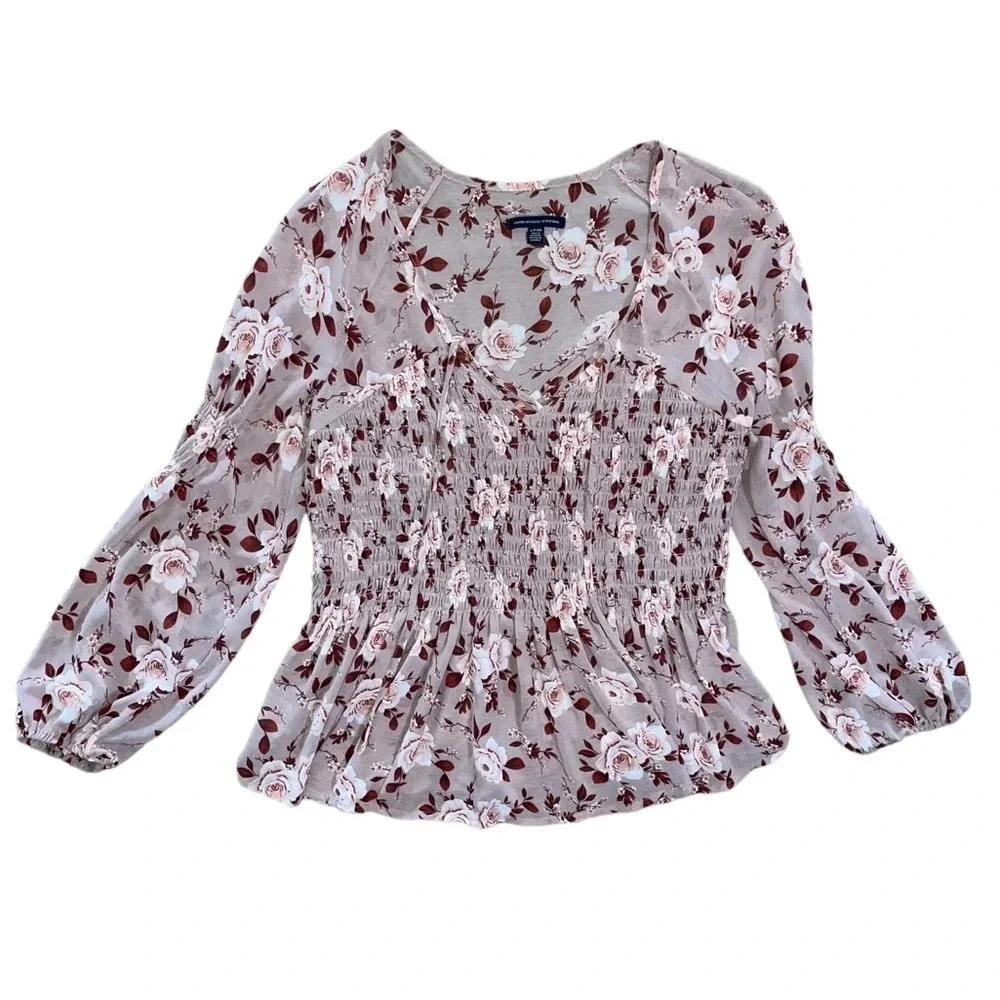 American Eagle Sheer Smocked Babydoll Top Size Small Blush Floral Boho Preppy